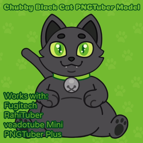 Chubby Black Cat Gif of a chubby black cat wearing a green collar with a bell and green eyes. They are looking around and opening their mouth