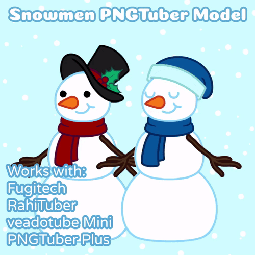 Gif of 2 snowmen looking around and opening their mouths. One snowman is wearing a top hat with holly decorating the brim and a red scarf. The other snowman is wearing a blue beanie and matching blue scarf