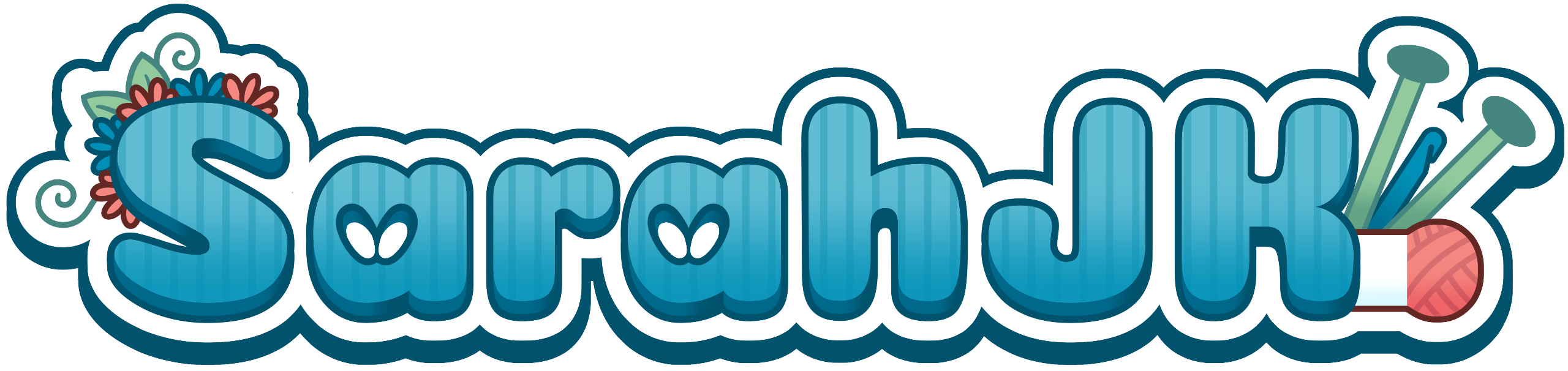SarahJK Graphic that says "SarahJK" The S is wearing a flower crown and to the right of the K are knitting needles, a crochet hook, and