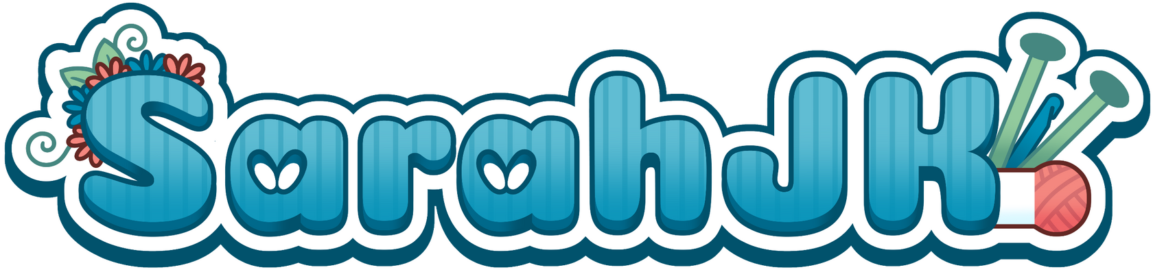 SarahJK Graphic that says "SarahJK" The S is wearing a flower crown and to the right of the K are knitting needles, a crochet hook, and