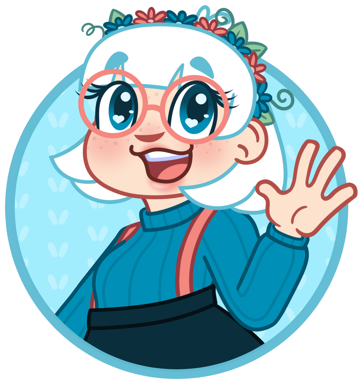Sarah Poke Through Circle with a woman showing through it as if looking out a window. The woman has white hair, blue eyes, round pink glasses, a flower crown, medium blue sweater, dark blue skirt, and pinks suspenders. She is waving and has a happy open mouth expression